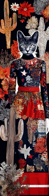 Cat bookmarks illustration of a cat in the desert wearing a red skirt